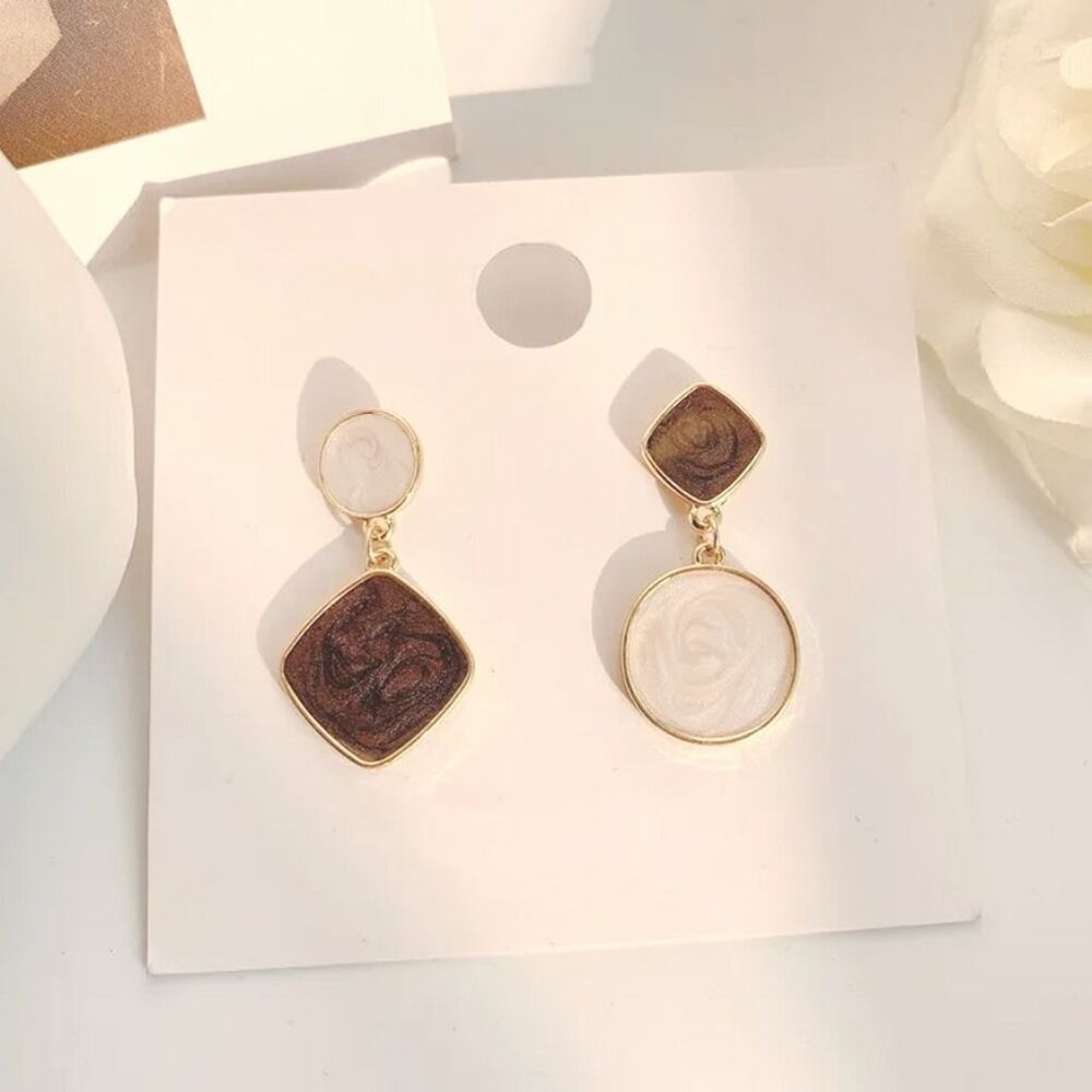 Alina Ellison Enamel Sheen Geo Dangle Earrings Cream Brown Gold Gift Packaged - Picture 3 of 11